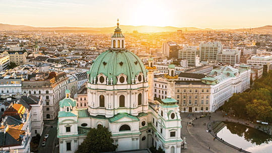 An aerial view over the city of Vienna during sunset, Austria